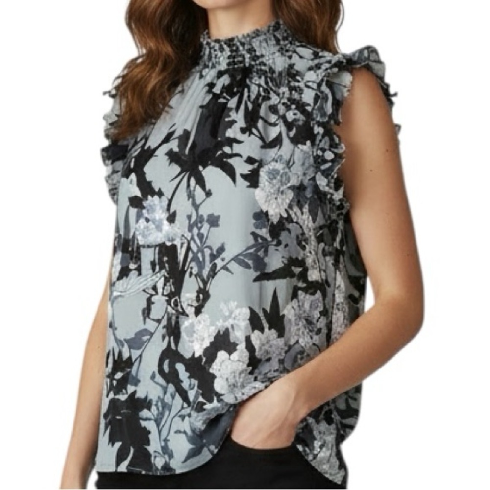 NWT WHITE HOUSE BLACK MARKET Floral Mock Ruffle Cap Sleeve Blouse Size Small
